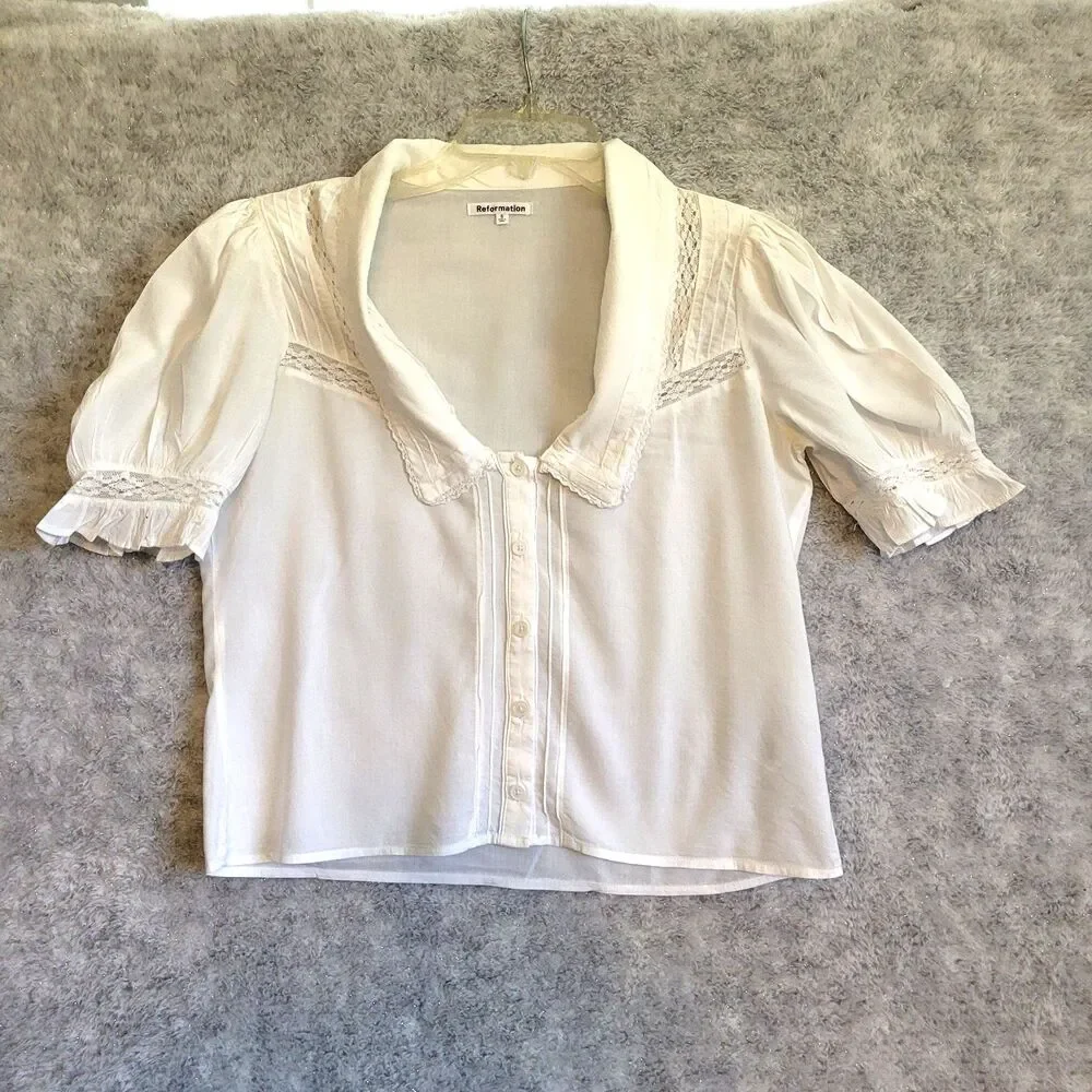 Reformation Blouse Size Small White Lace Inserts Organic Cotton Puff Sleeve USA - Picture 1 of 9